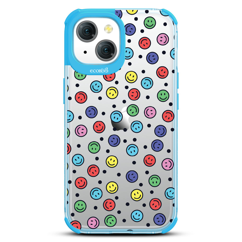 All Smiles - Multi Colored Smiley Faces & Black Dots - Eco-Friendly Clear iPhone 15 Case With Blue Rim  