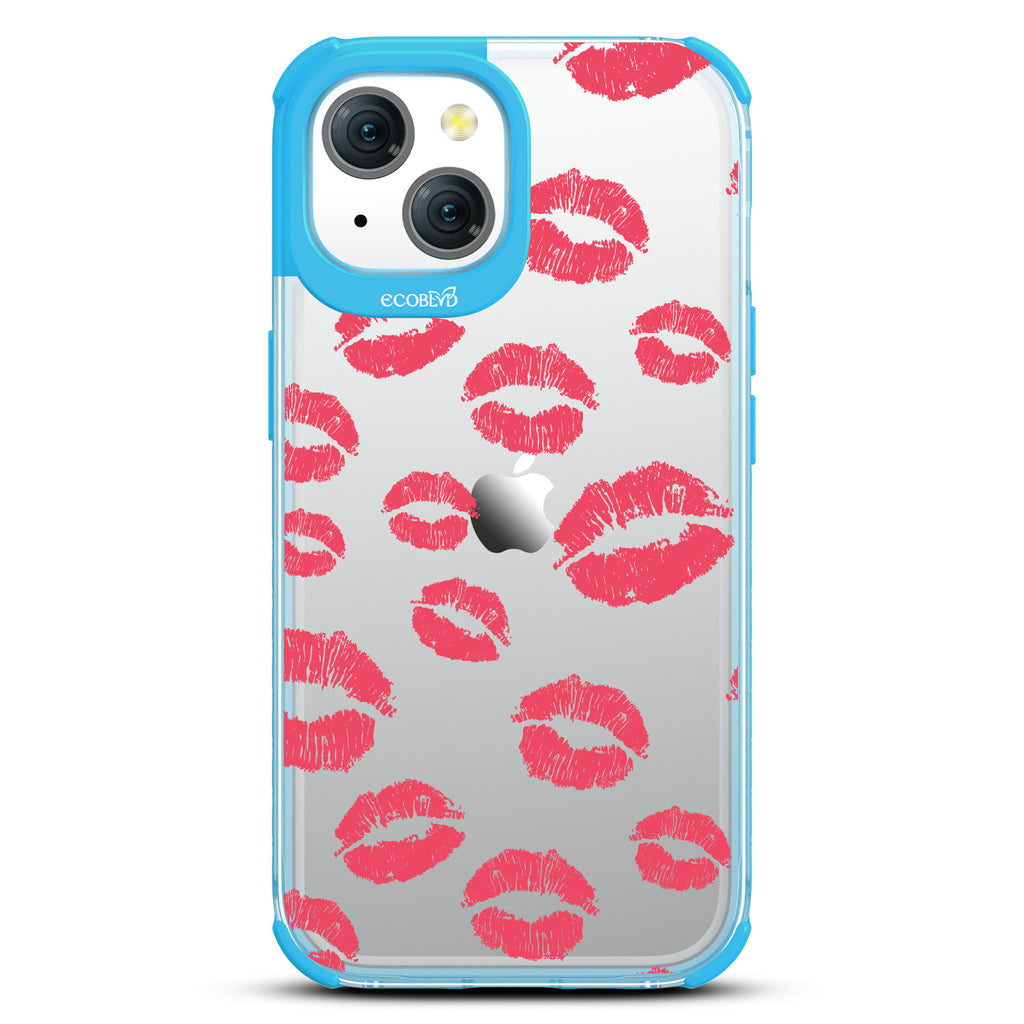 Bisou - Red Lipstick Kisses - Eco-Friendly Clear  iPhone 15 Case With Blue Rim