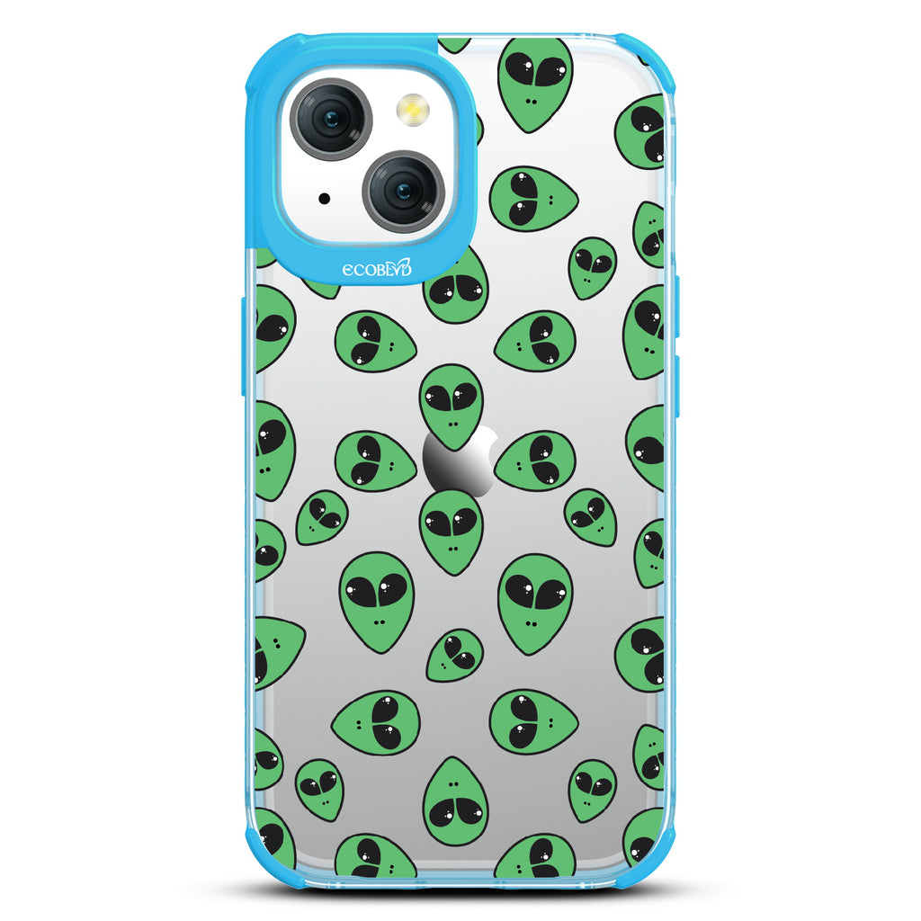 Aliens - Green Cartoon Alien Heads - Eco-Friendly Clear iPhone 15 Case With Blue Rim