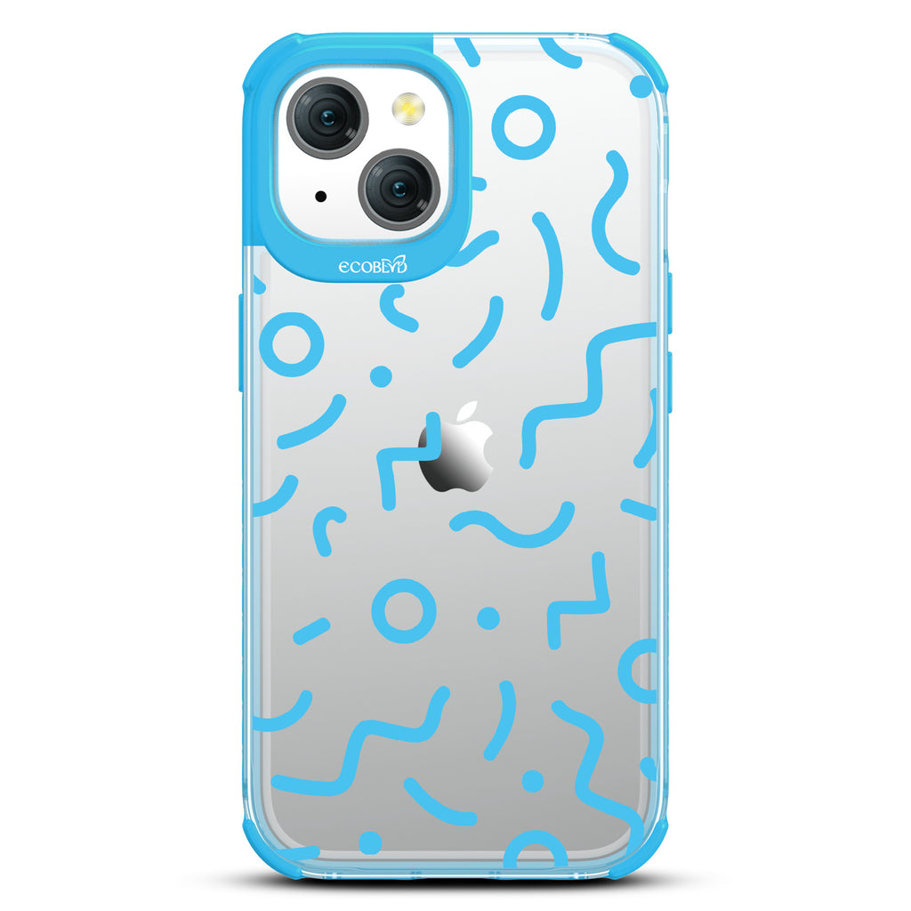 90?€?s Kids - Retro 90's Lines & Squiggles - Eco-Friendly Clear iPhone 15 Case With Blue Rim 