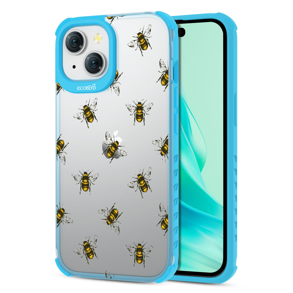 Bees - Back View Of Eco-Friendly iPhone 15 Clear Case With Blue Rim & Front View Of Screen