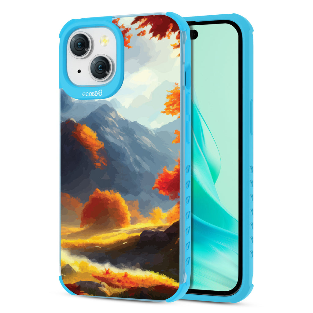 Autumn Canvas - Back View Of Eco-Friendly iPhone 15 Clear Case With Blue Rim & Front View Of Screen
