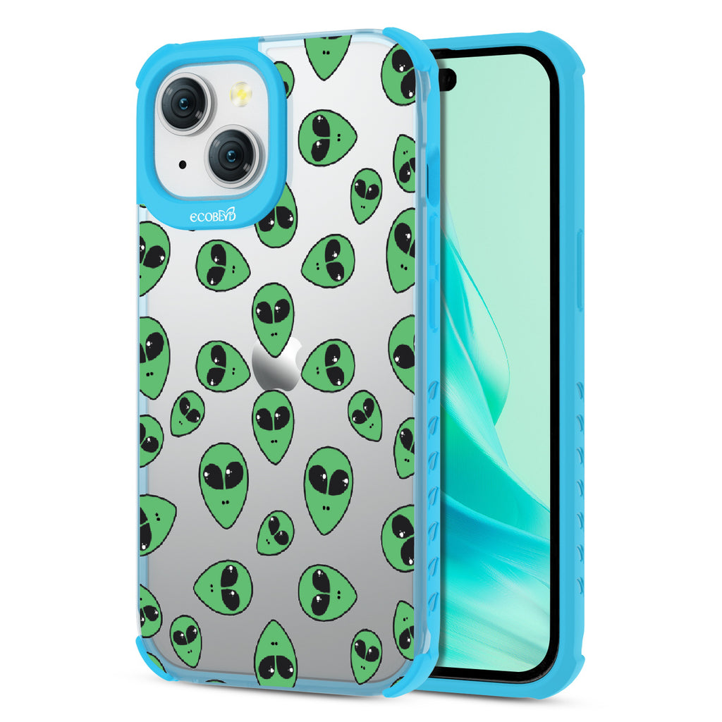Aliens  - Back View Of Eco-Friendly iPhone 15 Clear Case With Blue Rim & Front View Of Screen