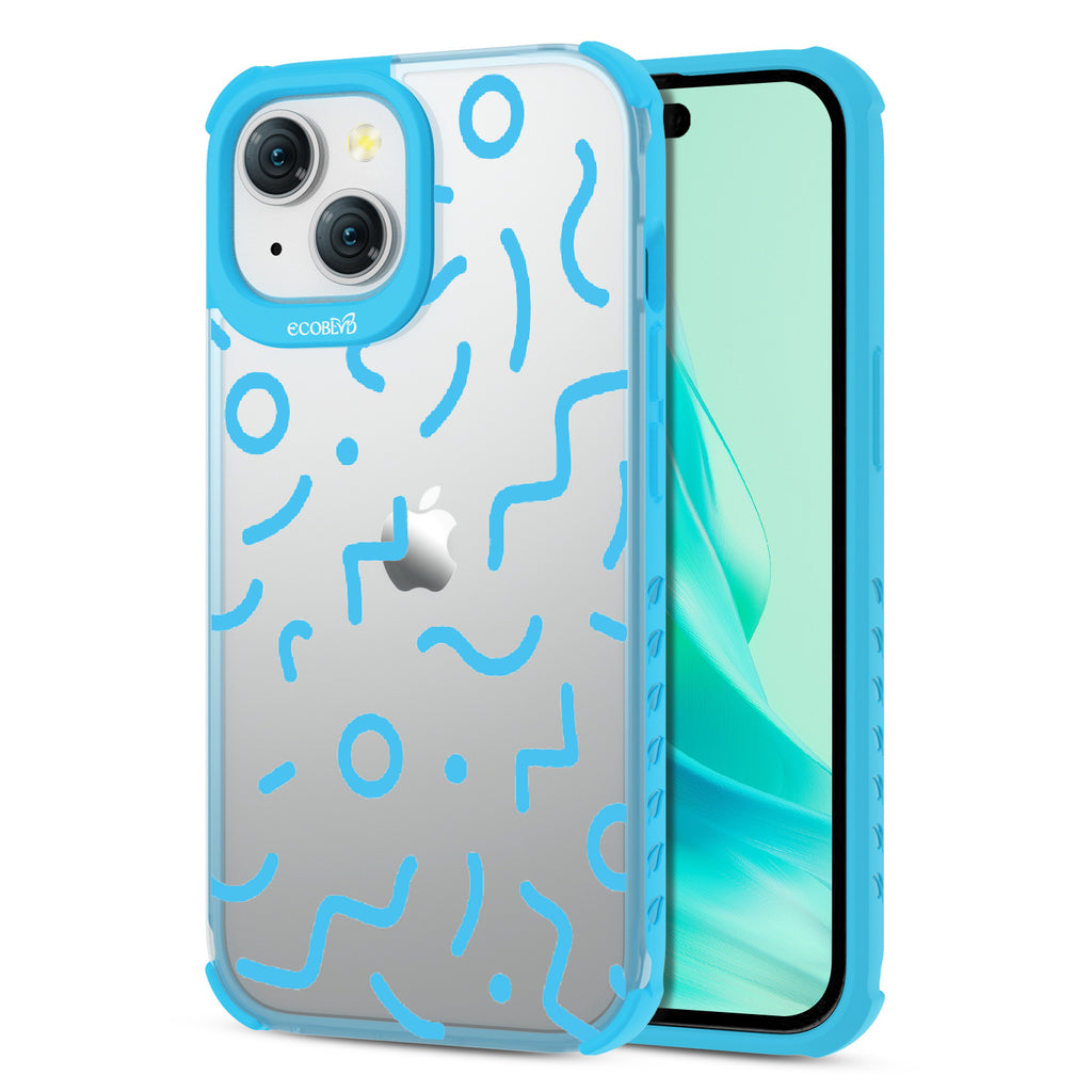 90?€?s Kids - Back View Of Eco-Friendly iPhone 15 Clear Case With Blue Rim & Front View Of Screen
