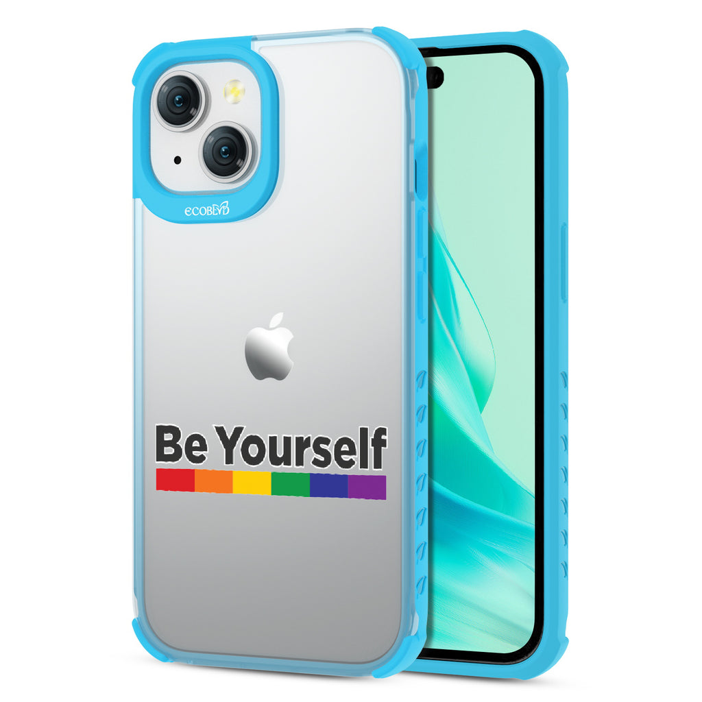 Be Yourself - Back View Of Eco-Friendly iPhone 15 Clear Case With Blue Rim & Front View Of Screen