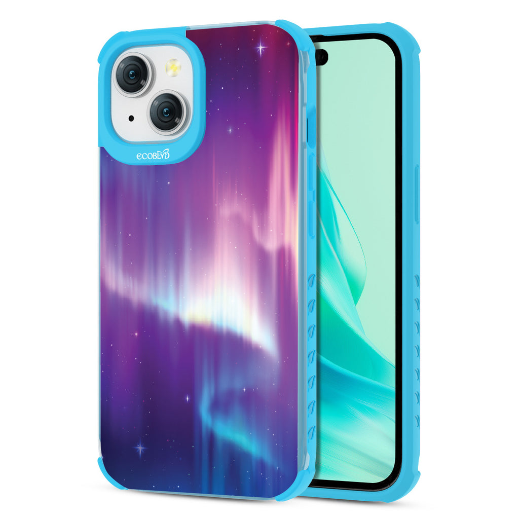 Aurora Borealis - Back View Of Eco-Friendly iPhone 15 Clear Case With Blue Rim & Front View Of Screen