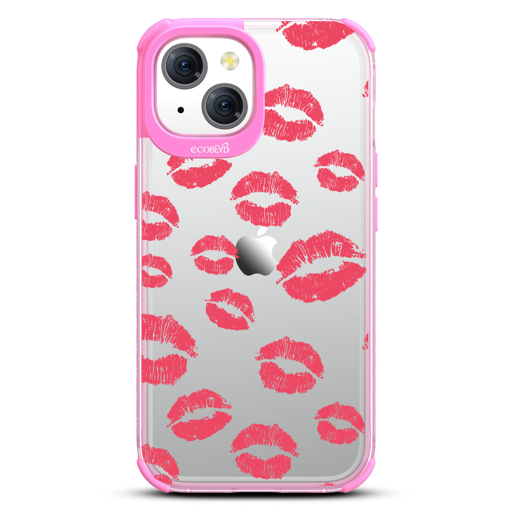Bisou - Red Lipstick Kisses - Eco-Friendly Clear  iPhone 15 Case With Pink Rim