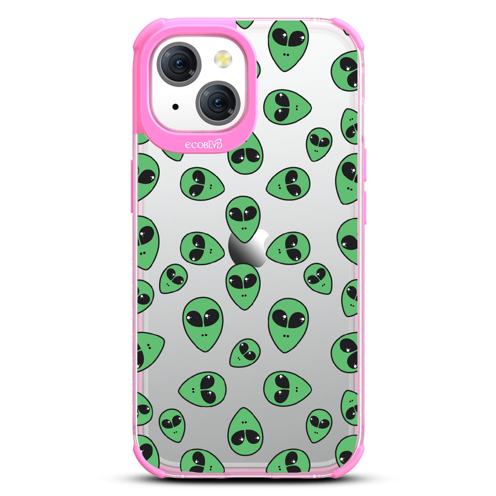 Aliens - Green Cartoon Alien Heads - Eco-Friendly Clear iPhone 15 Case With Pink Rim