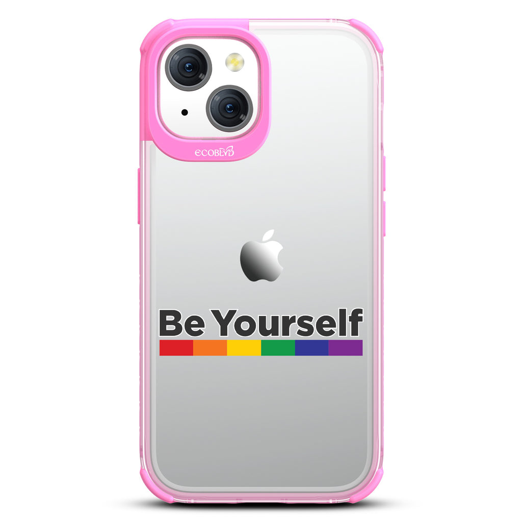 Be Yourself - Be Yourself + Rainbow Gradient Line - Eco-Friendly Clear iPhone 15 Case With Pink Rim 