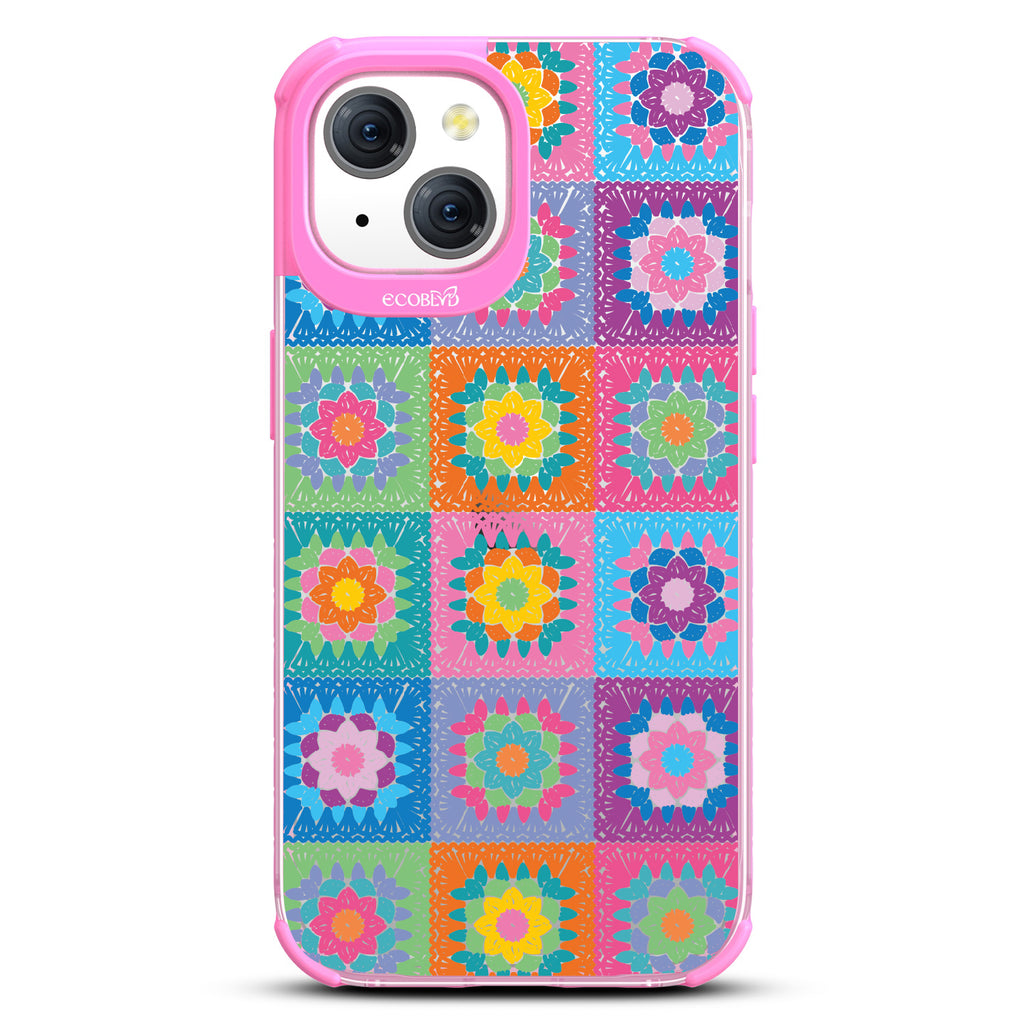 All Squared Away - Pastel Vintage Granny Squares Crochet - Eco-Friendly Clear iPhone 15 Case With Pink Rim 