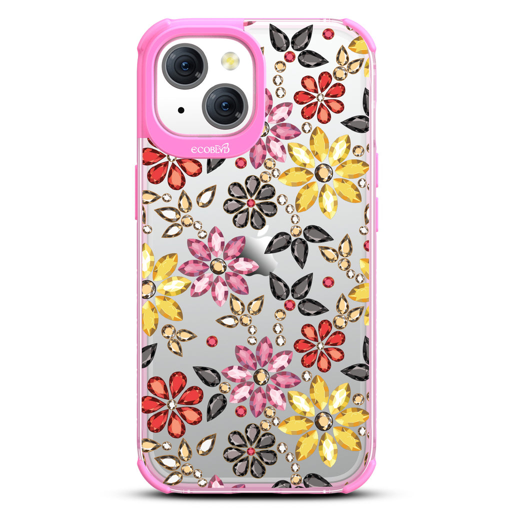 Bejeweled - Rhinestone Jewels In Floral Patterns - Eco-Friendly Clear iPhone 15 Case With Pink Rim