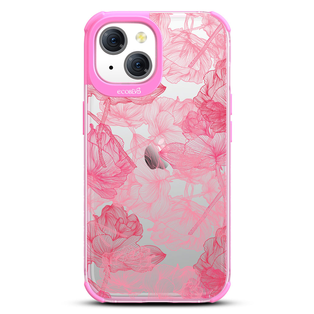 Blushed Pink - Pink Line Art Style Roses - Eco-Friendly Clear iPhone 15 Case With Pink Rim