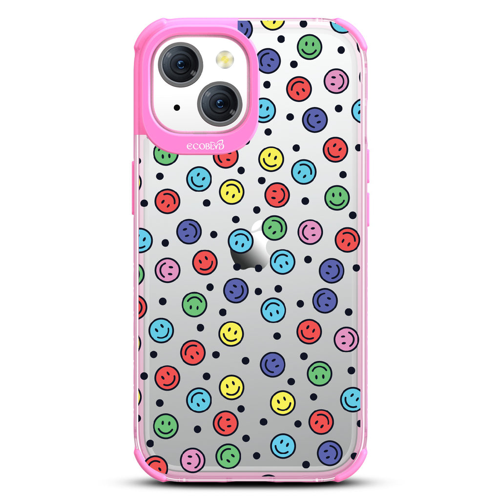 All Smiles - Multi Colored Smiley Faces & Black Dots - Eco-Friendly Clear iPhone 15 Case With Pink Rim  