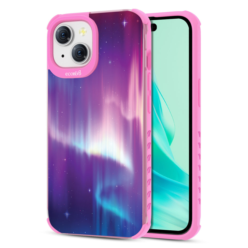 Aurora Borealis - Back View Of Eco-Friendly iPhone 15 Clear Case With Pink Rim & Front View Of Screen
