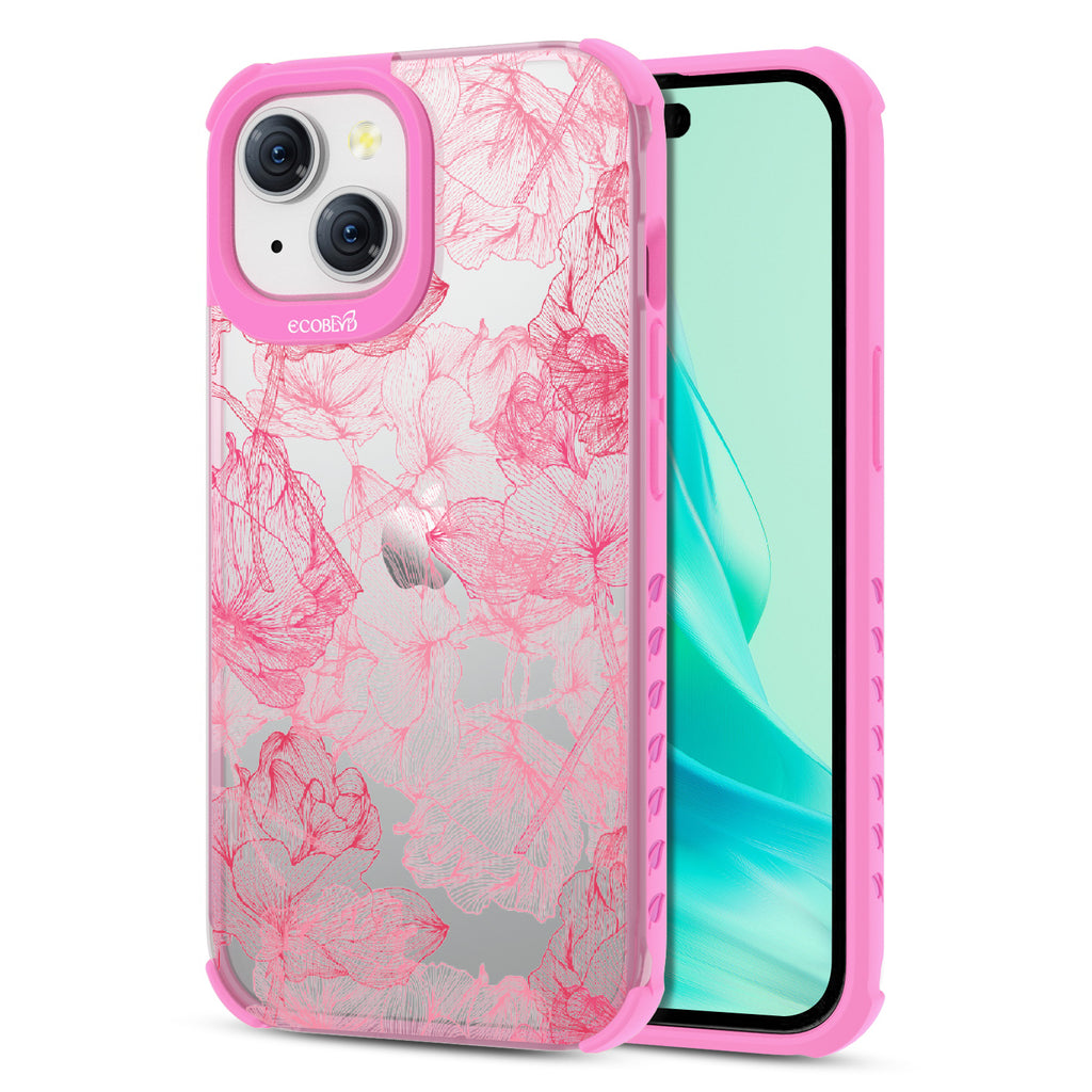 Blushed Pink - Back View Of Eco-Friendly iPhone 15 Case With Pink Rim & Front View Of Screen