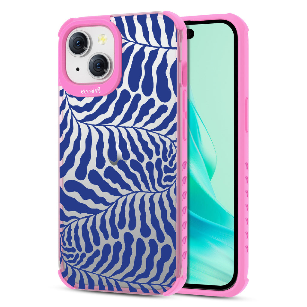 Blue Lagoon - Back View Of Eco-Friendly iPhone 15 Clear Case With Pink Rim & Front View Of Screen