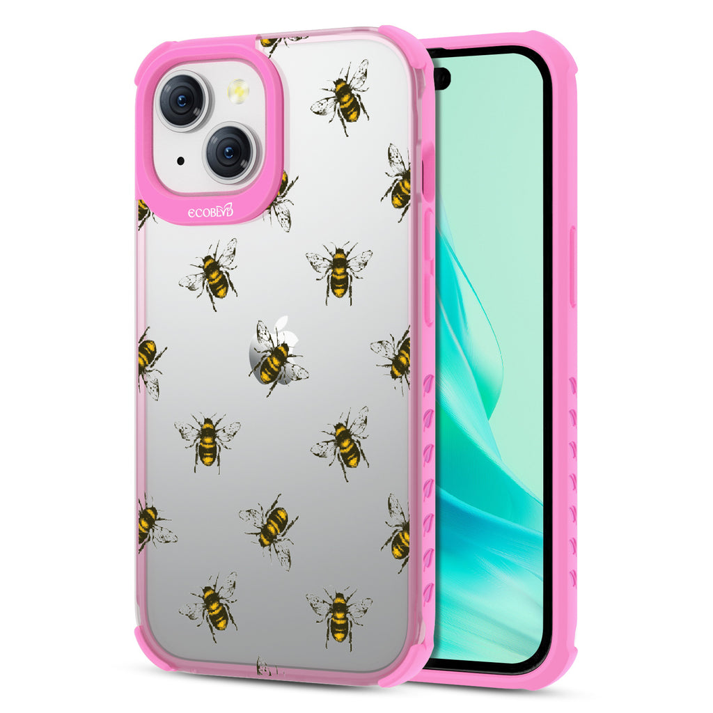 Bees - Back View Of Eco-Friendly iPhone 15 Clear Case With Pink Rim & Front View Of Screen