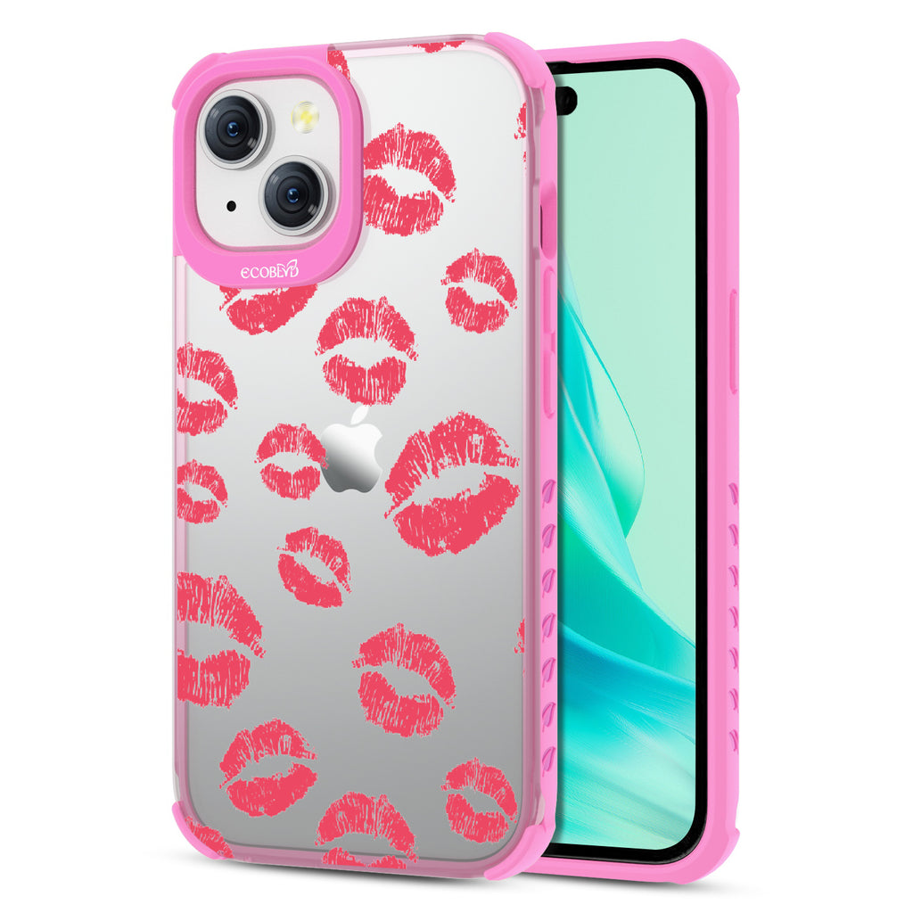 Bisou - Back View Of Eco-Friendly iPhone 15 Clear Case With Pink Rim & Front View Of Screen