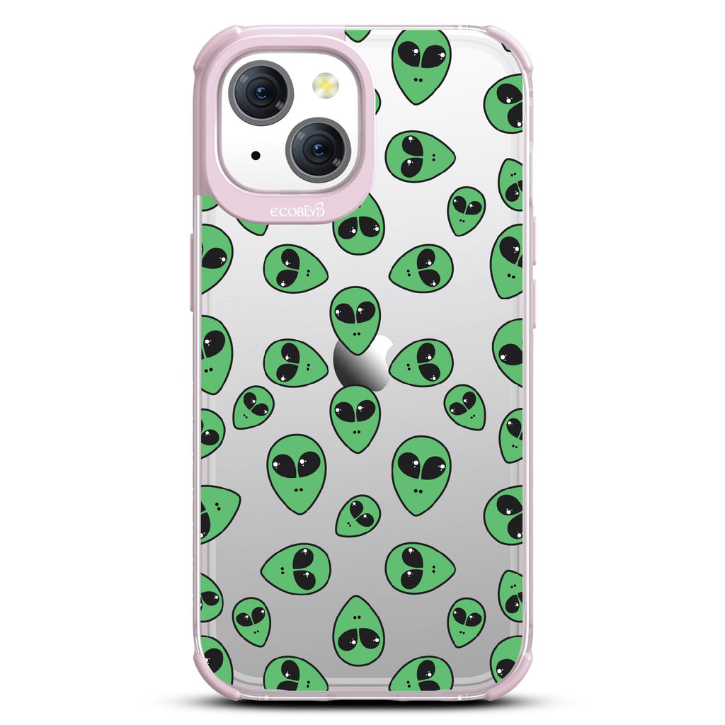 Aliens - Green Cartoon Alien Heads - Eco-Friendly Clear iPhone 15 Case With Pastel Lilac Rim