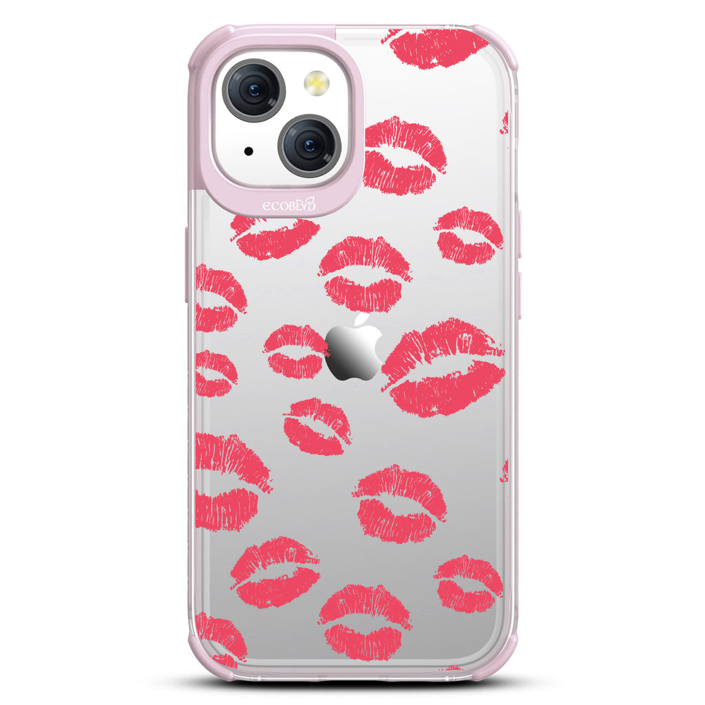 Bisou - Red Lipstick Kisses - Eco-Friendly Clear  iPhone 15 Case With Pastel Lilac Rim