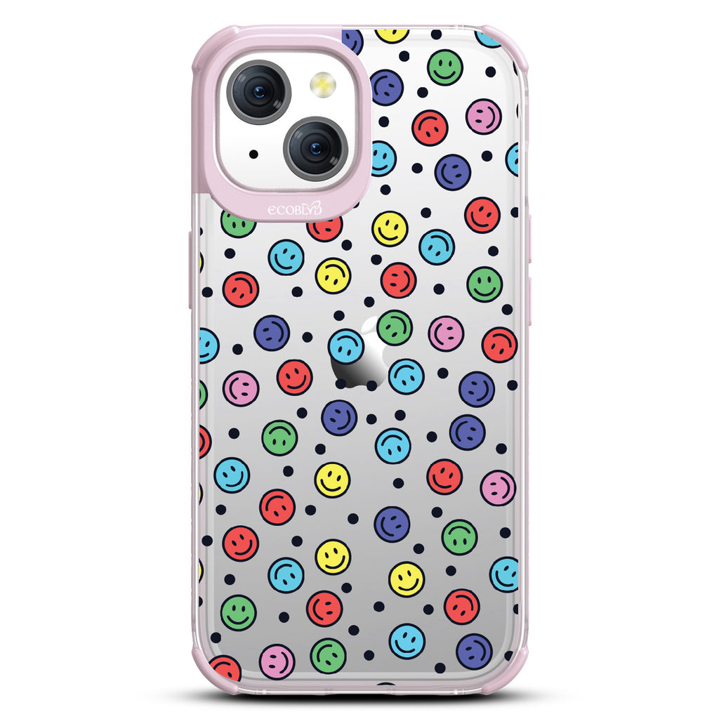 All Smiles - Multi Colored Smiley Faces & Black Dots - Eco-Friendly Clear iPhone 15 Case With Pastel Lilac Rim  