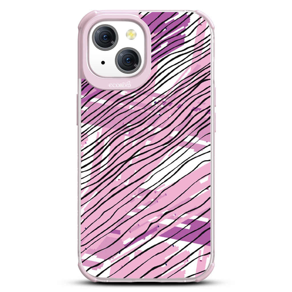 Abstract Rhythms - Abstract Art Of Pink + Purple Paint, Black Stripes - Eco-Friendly Clear iPhone 15 Case With Pastel Lilac Rim