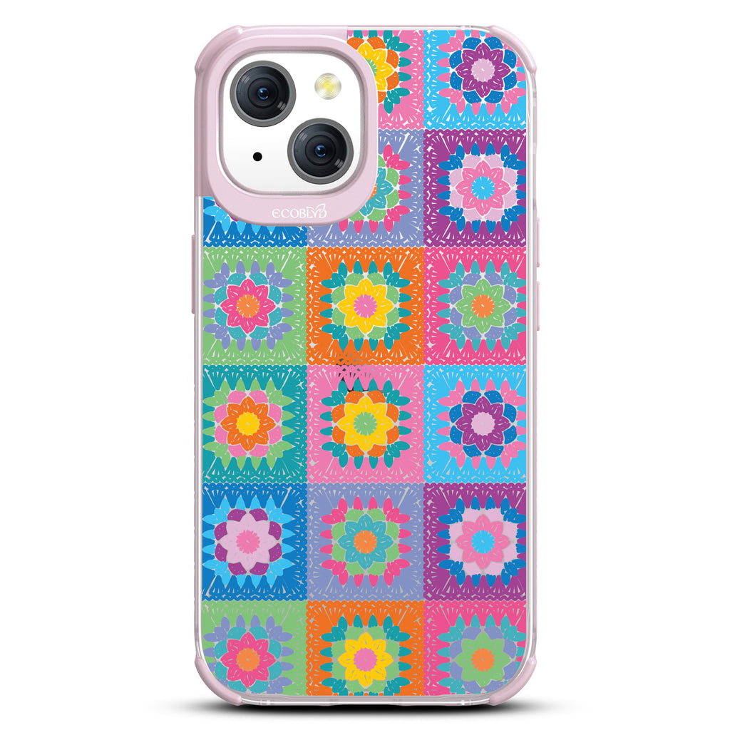 All Squared Away - Pastel Vintage Granny Squares Crochet - Eco-Friendly Clear iPhone 15 Case With Pastel Lilac Rim