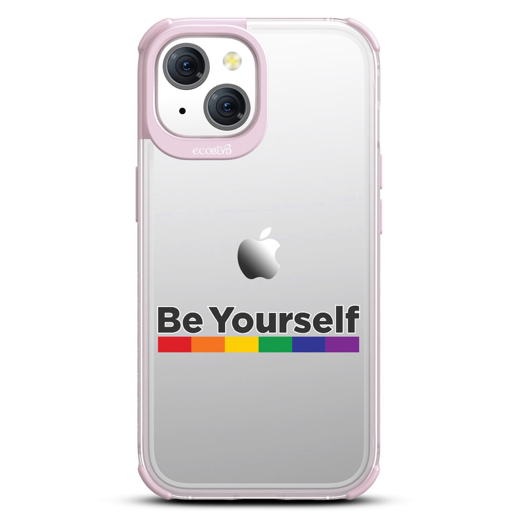 Be Yourself - Be Yourself + Rainbow Gradient Line - Eco-Friendly Clear iPhone 15 Case With Pastel Lilac Rim 