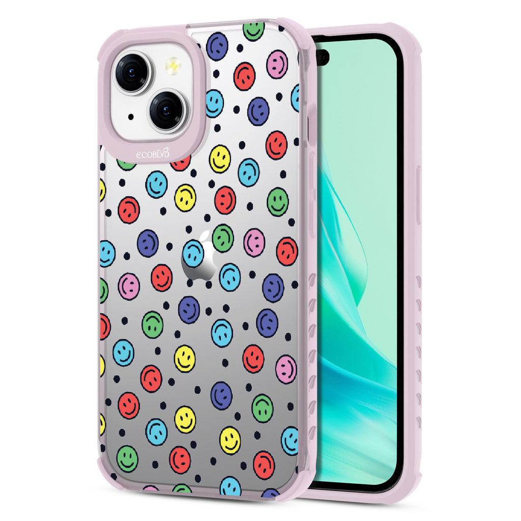 All Smiles  - Back View Of Eco-Friendly Black iPhone 15 Case With Pastel Lilac Rim & Front View Of Screen