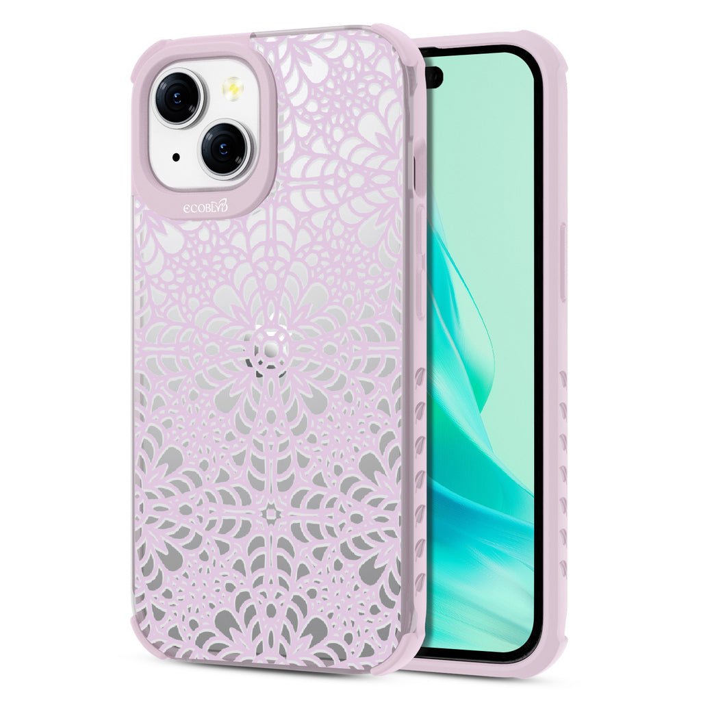 Laguna Collection - Back Of Pastel Lilac & Clear Eco-Friendly iPhone 15 Case & A Front View Of The Screen