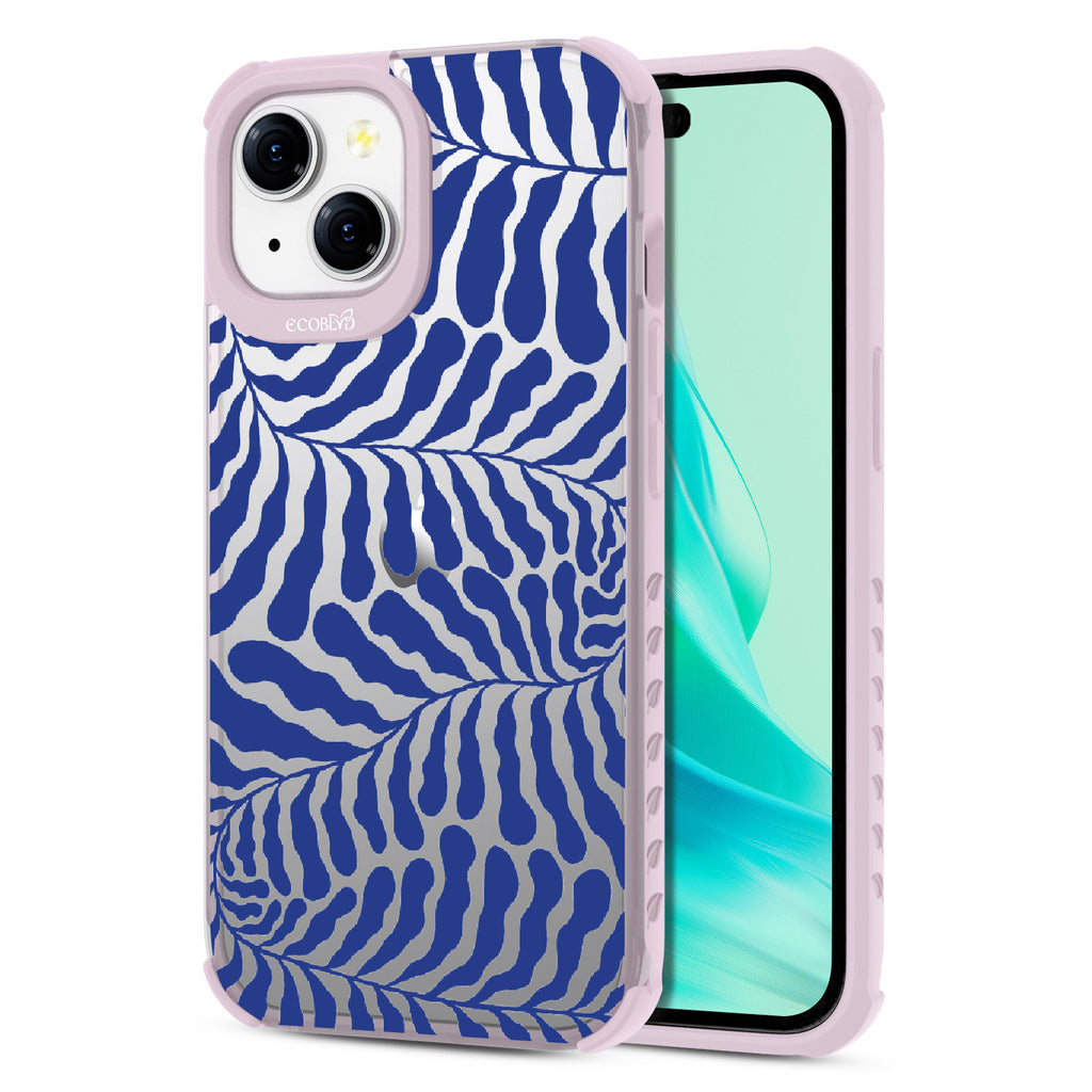 Blue Lagoon - Back View Of Eco-Friendly iPhone 15 Clear Case With Pastel Lilac Rim & Front View Of Screen