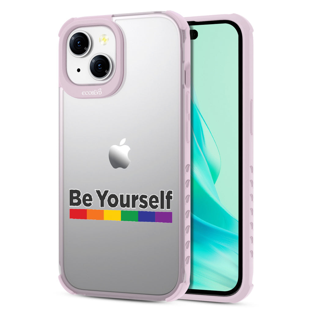Be Yourself - Back View Of Eco-Friendly iPhone 15 Clear Case With Pastel Lilac Rim & Front View Of Screen