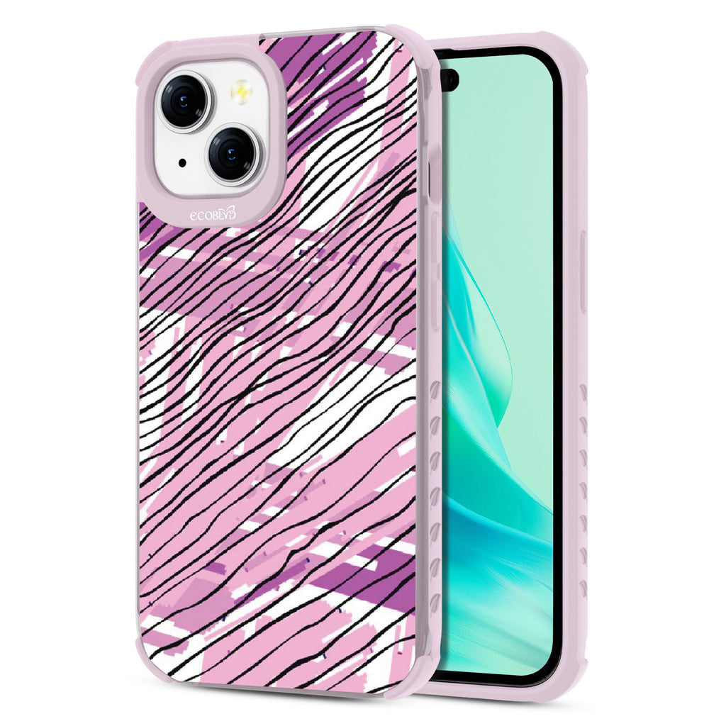 Abstract Rhythms  - Back View Of Eco-Friendly  iPhone 15 Clear Case With Pastel Lilac Rim & Front View Of Screen