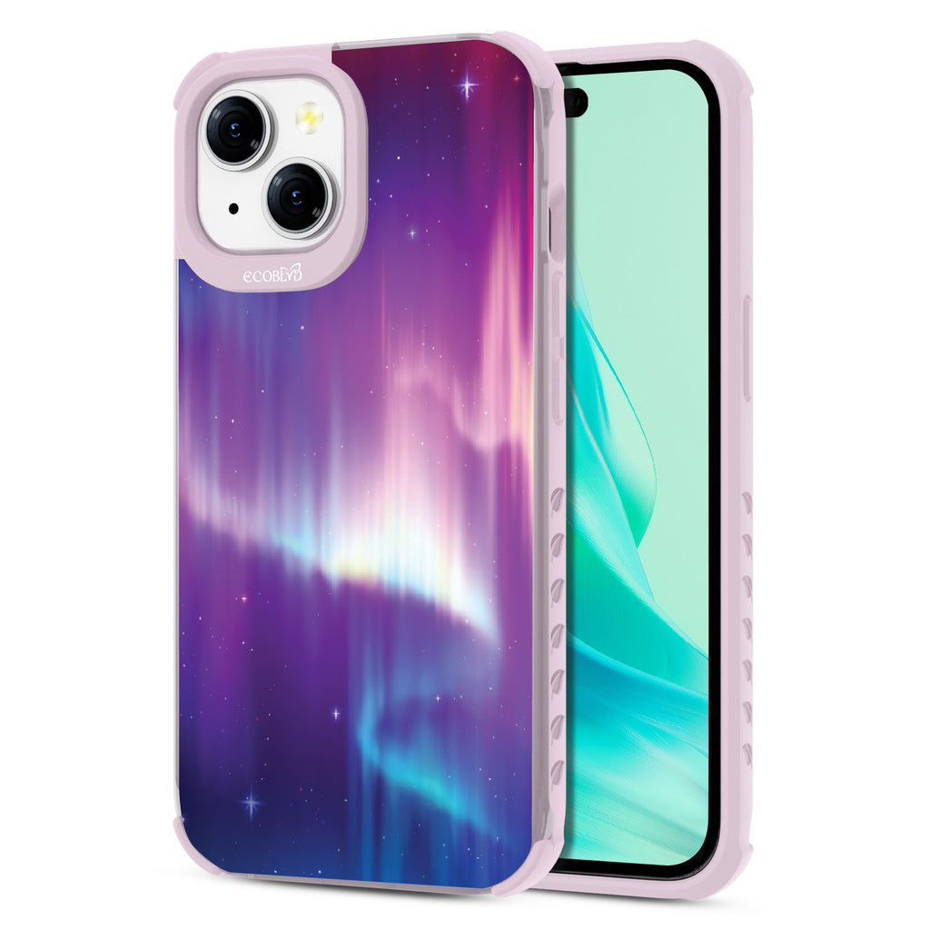 Aurora Borealis - Back View Of Eco-Friendly iPhone 15 Clear Case With Pastel Lilac Rim & Front View Of Screen