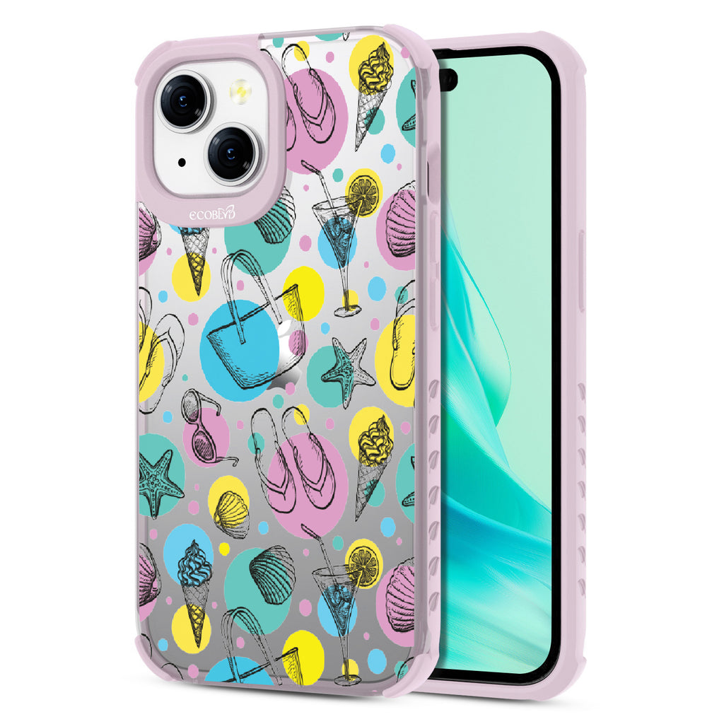 Beach Please - Back View Of Eco-Friendly iPhone 15 Clear Case With Pastel Lilac Rim & Front View Of Screen