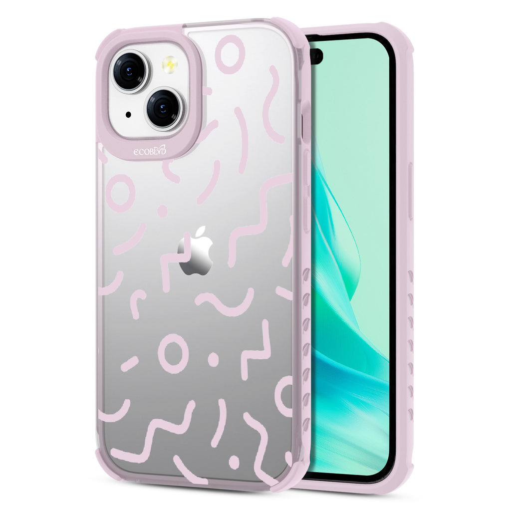 90?€?s Kids - Back View Of Eco-Friendly iPhone 15 Clear Case With Pastel Lilac Rim & Front View Of Screen