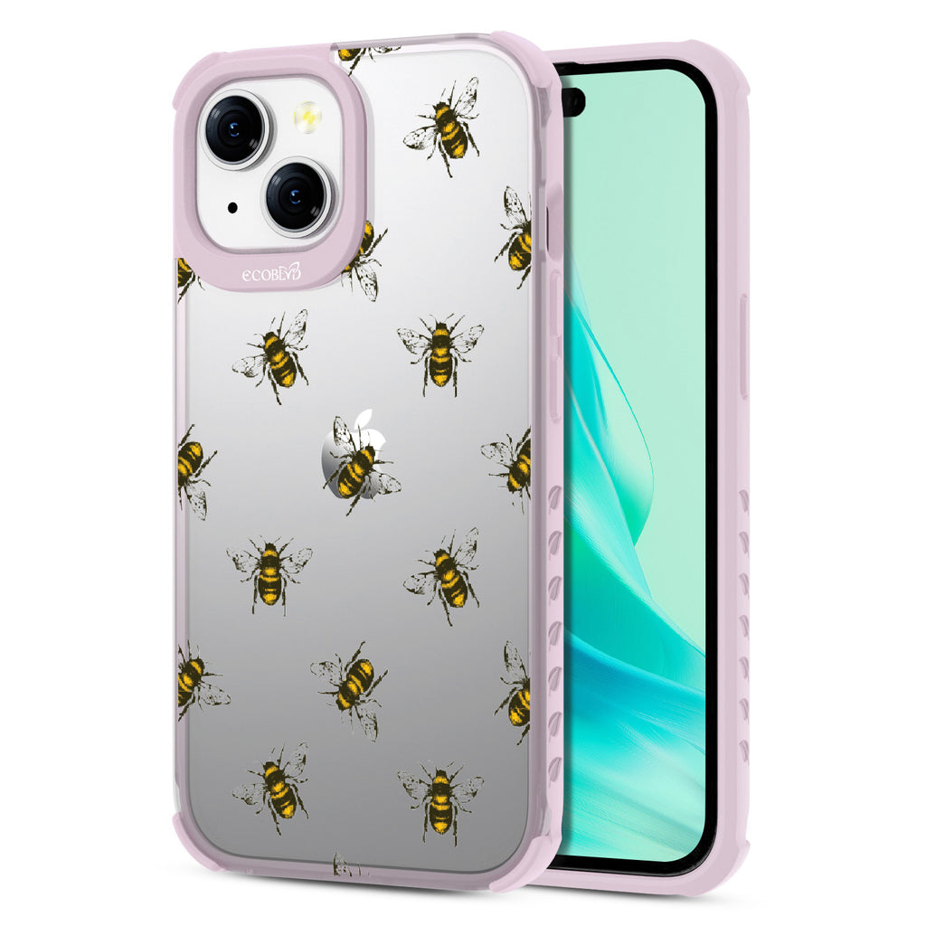 Bees - Back View Of Eco-Friendly iPhone 15 Clear Case With Pastel Lilac Rim & Front View Of Screen