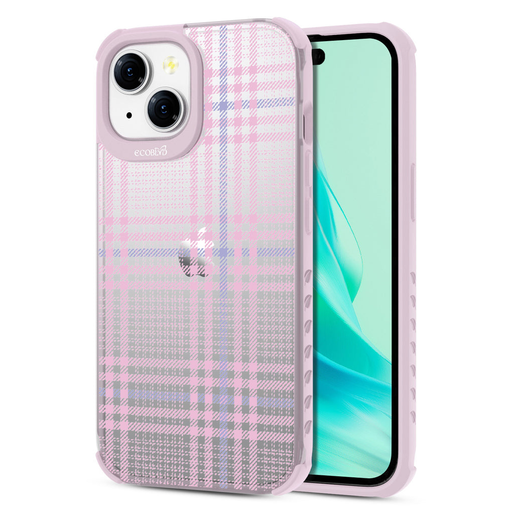 As If - Back View Of Eco-Friendly iPhone 15 Case With Pastel Lilac Rim & Front View Of Screen