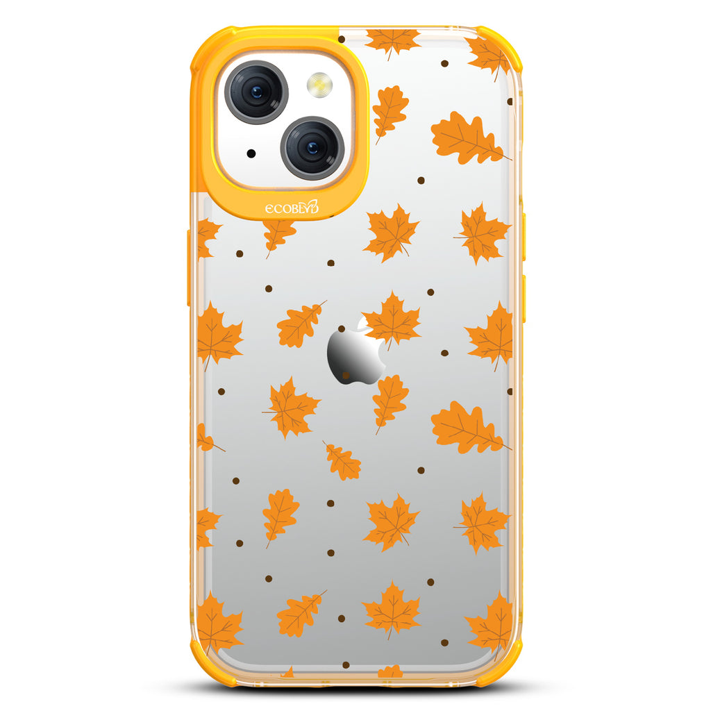 A New Leaf - Brown Fall Leaves - Eco-Friendly Clear iPhone 15 Case With Yellow Rim 