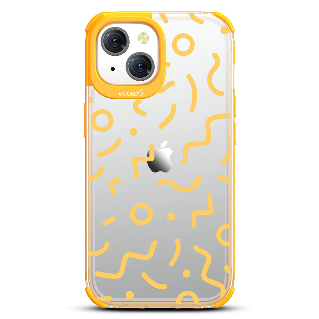 90?€?s Kids - Retro 90's Lines & Squiggles - Eco-Friendly Clear iPhone 15 Case With Yellow Rim 