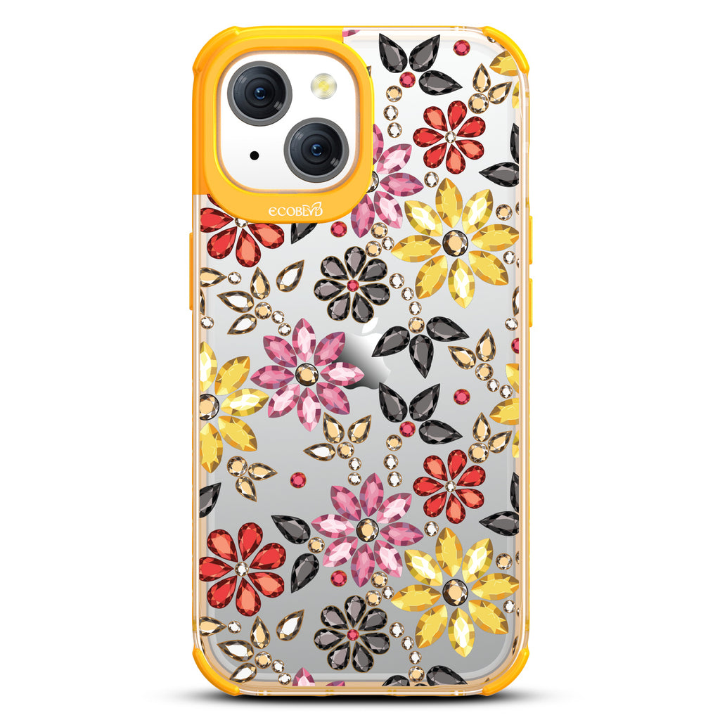 Bejeweled - Rhinestone Jewels In Floral Patterns - Eco-Friendly Clear iPhone 15 Case With Yellow Rim 