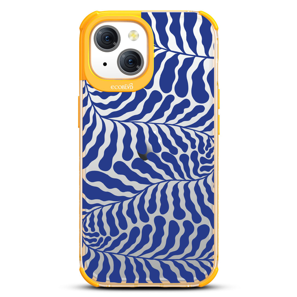 Blue Lagoon - Abstract Tropical Blue Seaweed - Eco-Friendly Clear iPhone 15 Case With Yellow Rim