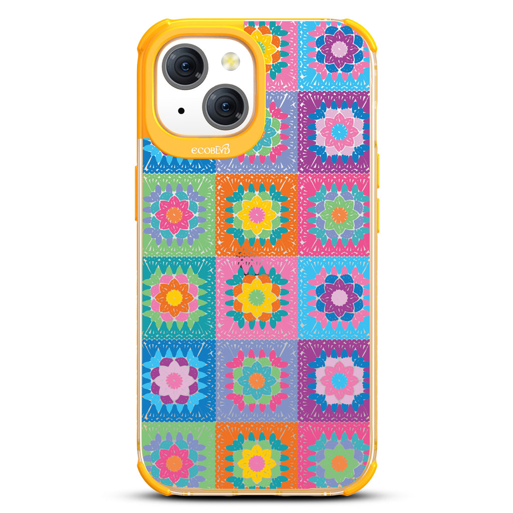 All Squared Away - Pastel Vintage Granny Squares Crochet - Eco-Friendly Clear iPhone 15 Case With Yellow Rim