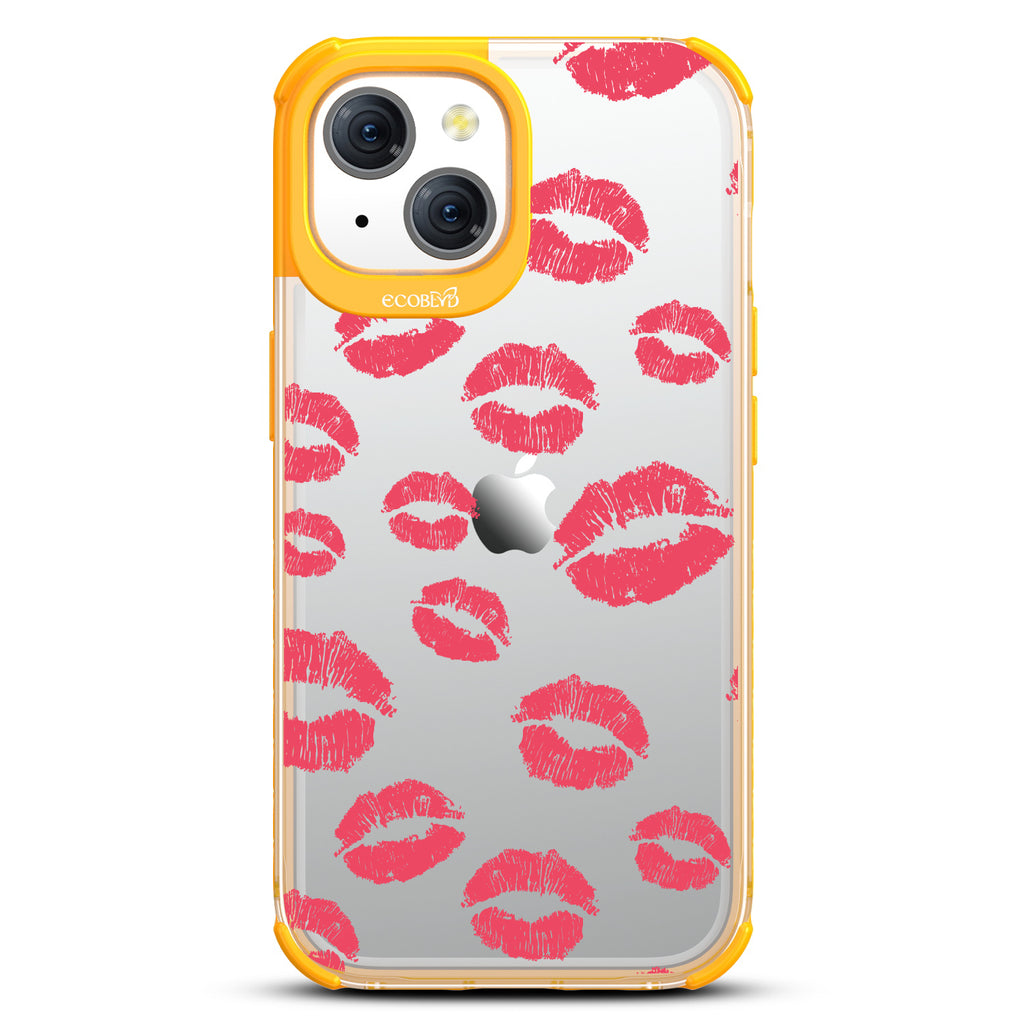 Bisou - Red Lipstick Kisses - Eco-Friendly Clear  iPhone 15 Case With Yellow Rim