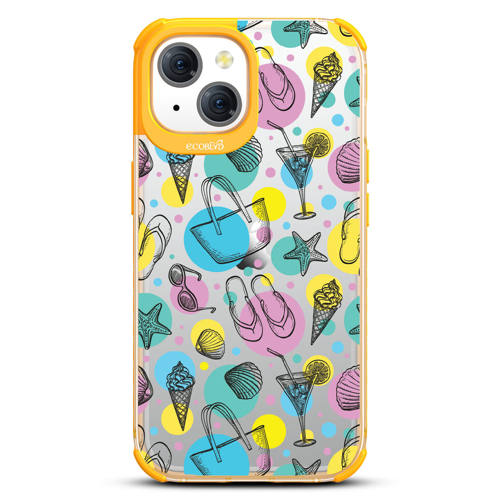 Beach Please - Sandals, Sunglasses, Beach Tote, Ice Cream - Eco-Friendly Clear iPhone 15 Case With Yellow Rim