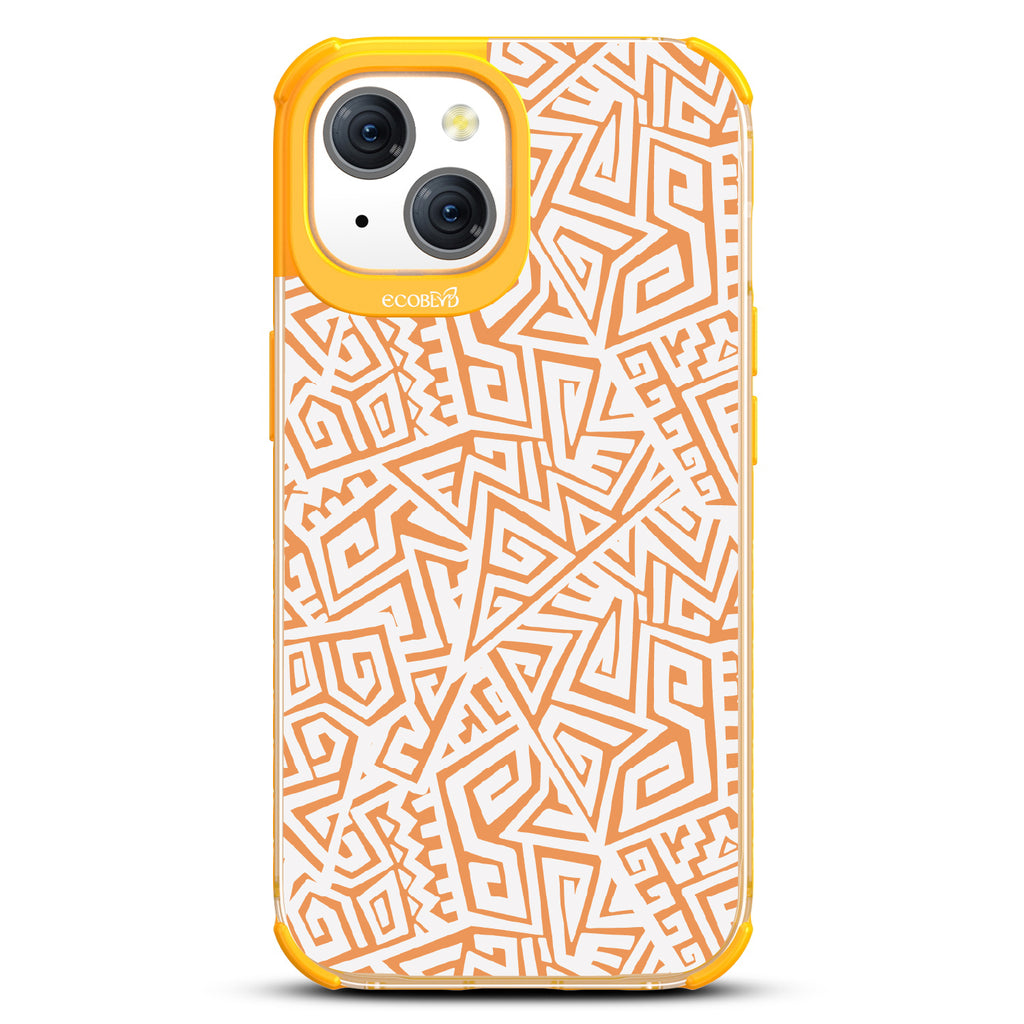 Beyond Borders - Abstract Inca/Kuba/Maori Art  - Eco-Friendly Clear iPhone 15 Case With Yellow Rim 