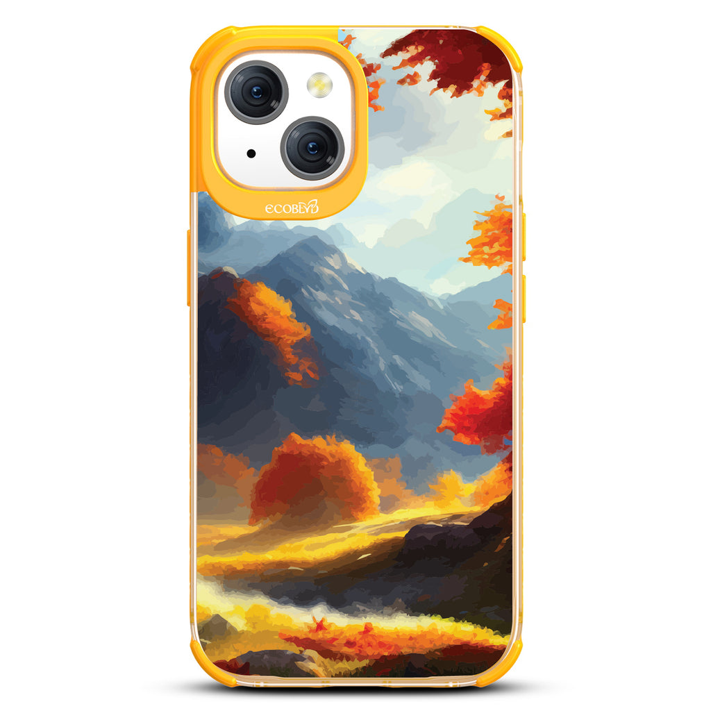 Autumn Canvas - Watercolored Fall Mountain Landscape - Eco-Friendly Clear iPhone 15 Case With Yellow Rim 