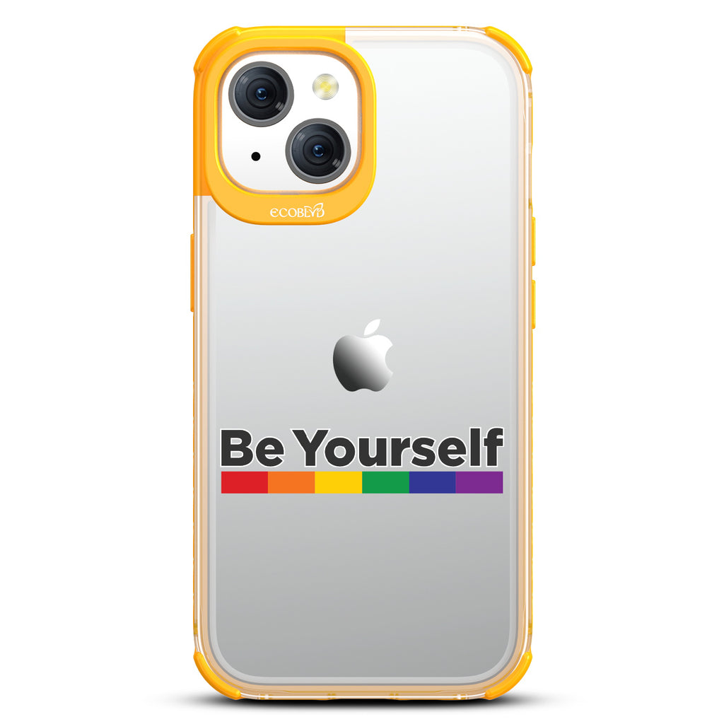 Be Yourself - Be Yourself + Rainbow Gradient Line - Eco-Friendly Clear iPhone 15 Case With Yellow Rim 