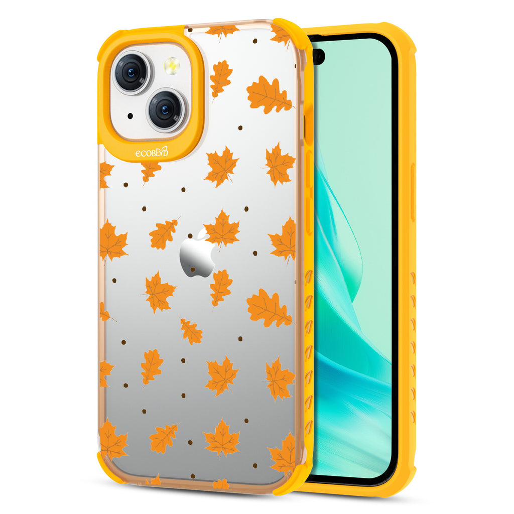 A New Leaf  - Back View Of Eco-Friendly iPhone 15 Case With Yellow Rim & Front View Of Screen