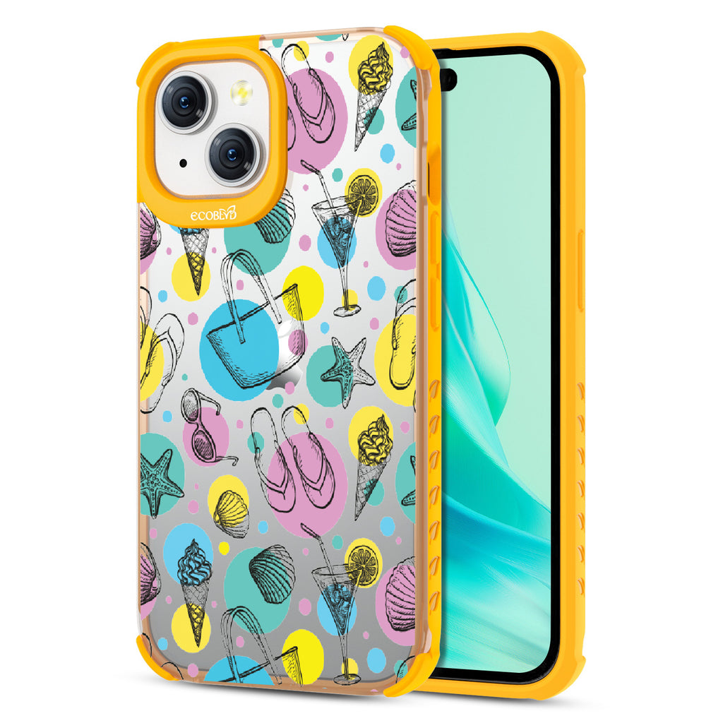 Beach Please - Back View Of Eco-Friendly iPhone 15 Clear Case With Yellow Rim & Front View Of Screen